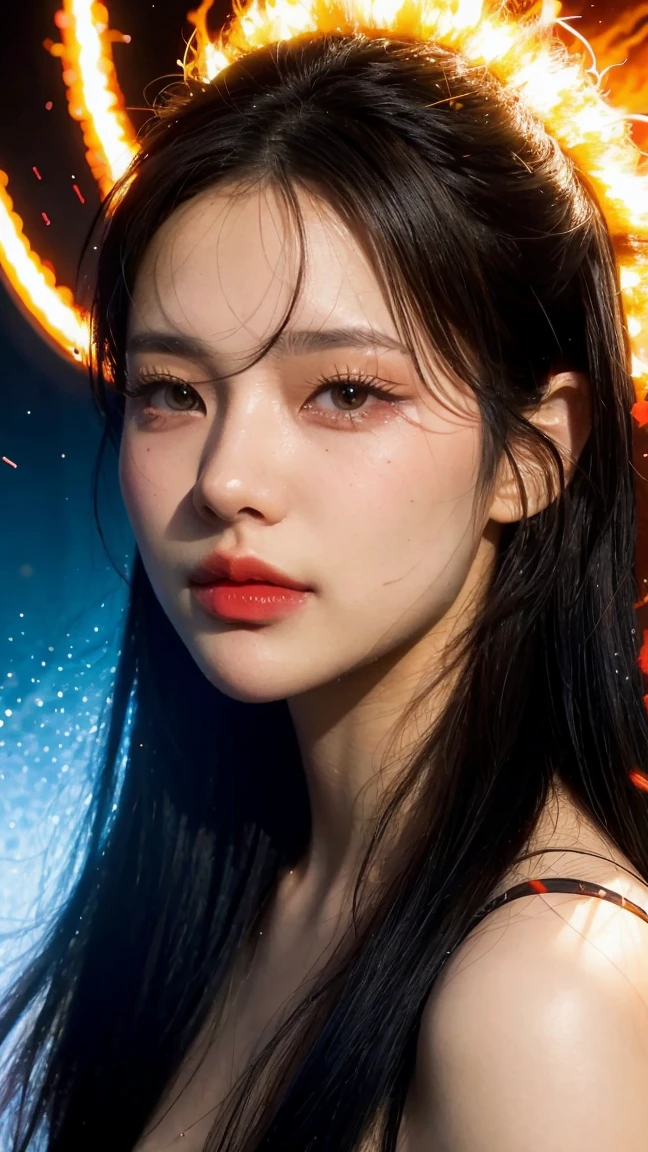 1 woman, black hair, conjunctivitis, Fire Witch, blood, light particles, light rays, Wallpaper, high contrast, colorful,