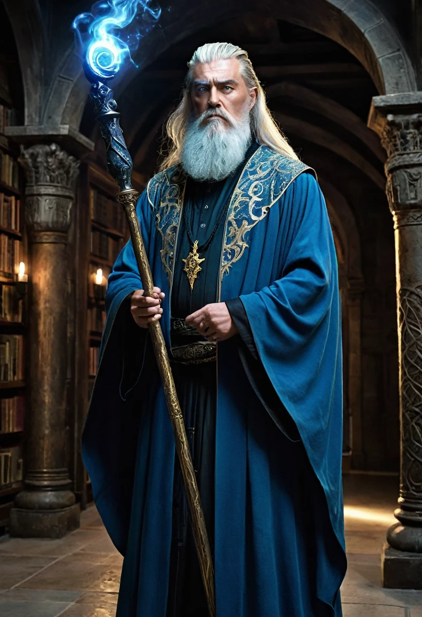 A dramatically lit, cinematic portrait of a 3 wizard whose once noble features are now etched with the weight of his pact with dark powers. His piercing eyes, surrounded by a stark contrast of blonde sidecut hair and a goaty beard that blends into the shadows, are a testament to the years of wisdom and corruption that have shaped his visage. He is adorned in a set of tattered blue robes with opulent golden embroidery that clings to his frame, hinting at his former grandeur. The robes are overlaid with a black leather collar, symbolizing his newfound allegiance to the sinister forces that have consumed him. The wizard's head is topped by a faded blue pointed hat, a silent sentinel to the remnants of his fantasy past. His posture is stoic yet slightly hunched, as if bearing the burden of his choices, with one hand resting on an intricately carved staff that seems to pulsate with an eerie energy. In the background, an ancient library or sanctum, laden with dusty tomes and glowing arcane artifacts, whispers secrets of the dark arts that have seduced him. The scene is cast in a mix of cool blues and stark whites, creating a stark atmosphere that mirrors the wizard's internal struggle. The overall composition suggests a pivotal moment in his narrative, where the viewer is invited to ponder the cost of power and the inescapable grip of corruption.