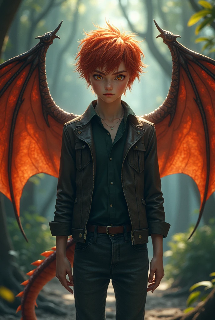 Teenager, red hair, orange eyes, dragon wings, dragon tail, handsome, boy