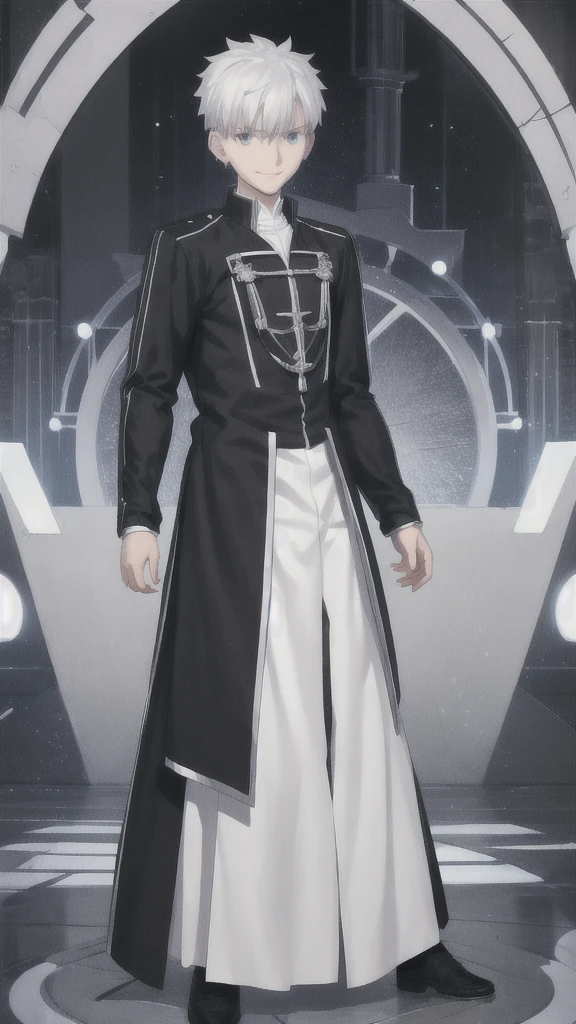 a character is portrayed with a long silver white hair with a collar, 1boy, solo, male focus, smile, looking at viewer