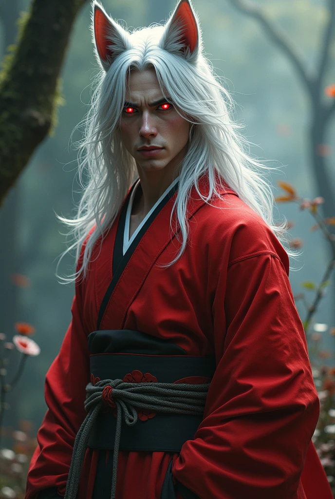 Man with white hair, red eyes, dog ears, wearing a kimono