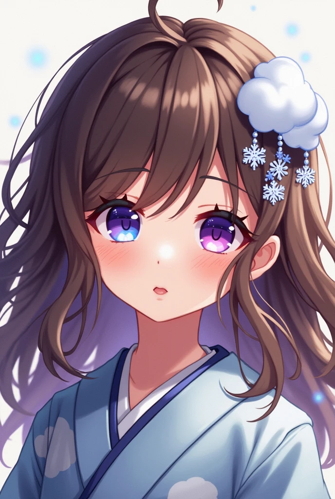 Hair: brown 
eyes: purple mixed with blue 
hair clip: cloud and snowflake  
Costume: kimono  
Gender: female 
age: 12