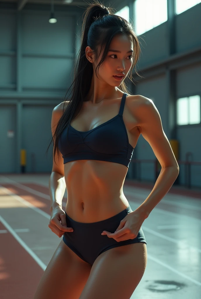 Track and field club、Female university student、1、Japanese、Cute face like an idol、Track and field clubユニフォーム、Sweating、Uniforms that expose a lot of skin、sexy、ponytail、(best quality,4K,8k,highres,masterpiece:1.2),ultra-detailed,(realistic,photorealistic,photo-realistic:1.37),HDR,uhd,studio lighting,ultra-fine painting,sharp focus,physically-based rendering,extreme detail description,professional,vivid colors,bokeh,cinematic lighting,dramatic shadow、High resolution, High-resolution model, Retina, Textured skin, Ultra high definition,