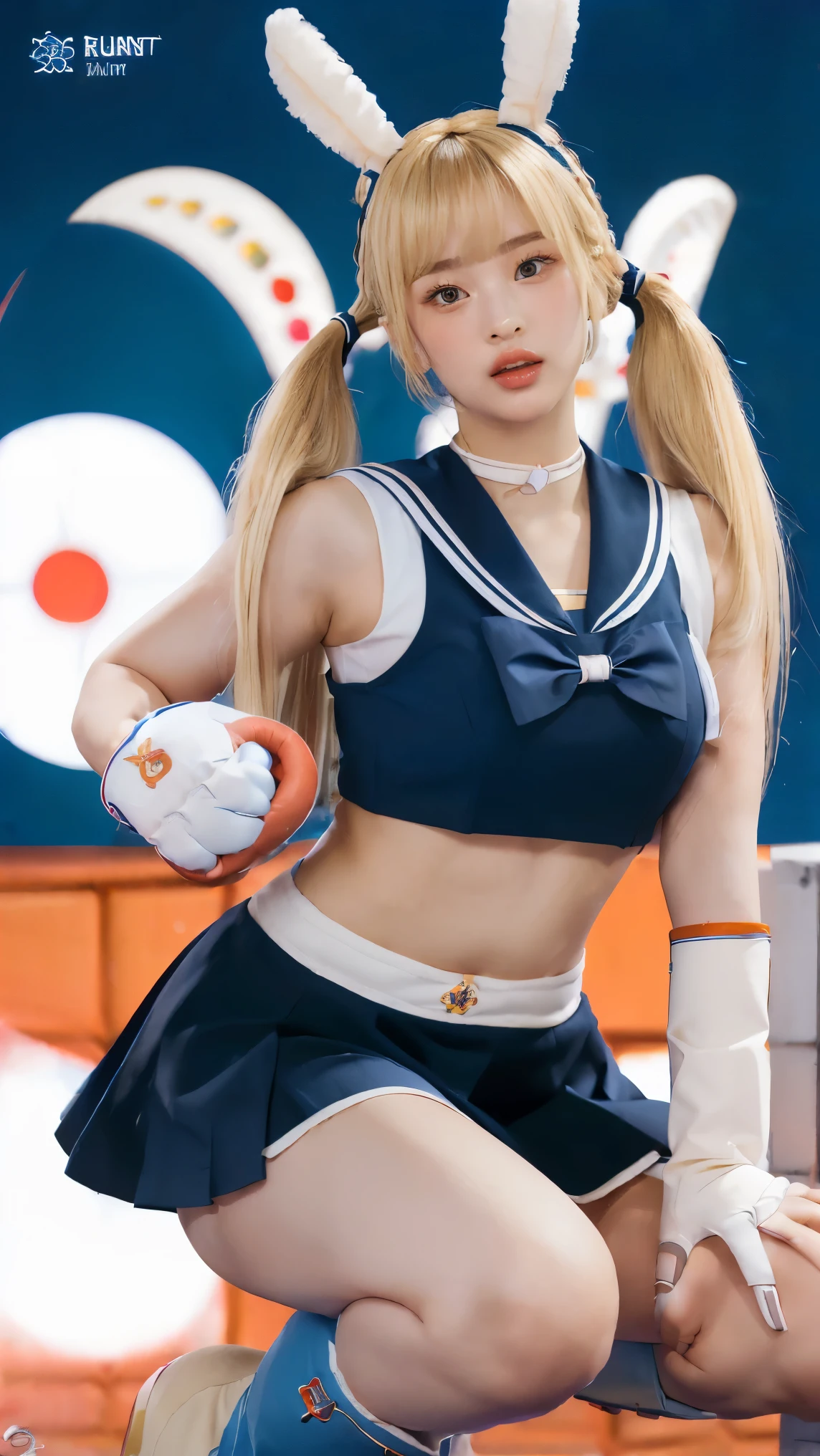 (Masterpiece, best quality:1.2), (realistic, photo-realistic:1.4), raw photos, high resolution, very detailed, complicated details, realistic and sharp details, movie light, Portrait, front photography, (Sailor Moon, Tsukino Usagi, honest:1.2), alone, 1 girl, 1 female idol, (Wearing a senshi sailor suit), (long hair, blonde hair, Double boxing, Twintail:1.6), (elbow gloves, white gloves, Dark blue cover, Low cut skirt, short skirt, darkblue-mini skirt, Red neck squeeze, decorations, red bunny ears, red boots:1.5), (detailed face, Detailed eyes, Beautiful pupils, complicated nose), Pale skin, Fine texture,
background image, outdoor, pavement, daytime,,,[Nagi Inoue]