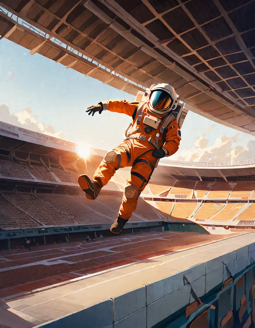 ((masterpiece, top quality, better image quality, a high resolution, realistic, Photos in RAW format, 8 K)),background,Inside the athletics stadium, An astronaut flies with his back to the stadium, full of spectators., He flies through the air, using rocket propulsion, mounted on his back..。Huge stadium, Spacesuit in the sun, An astronaut swims in a huge athletics stadium, ((The interior of the stadium is depicted with the addition of a heat haze effect., caused by a rocket.'heat of movement..))