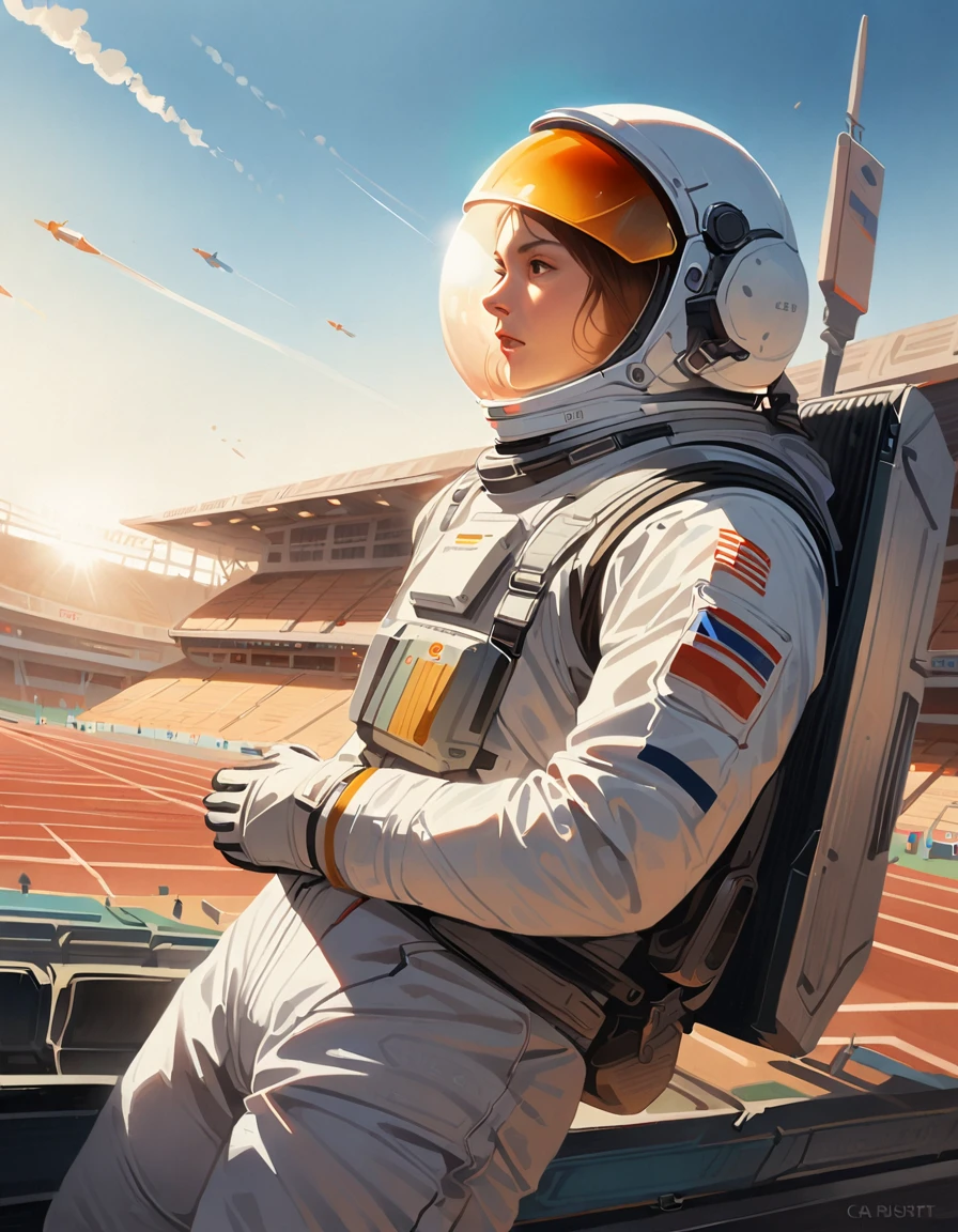 ((masterpiece, top quality, better image quality, a high resolution, realistic, Photos in RAW format, 8 K)),background,Inside the athletics stadium, An astronaut flies with his back to the stadium, full of spectators., He flies through the air, using rocket propulsion, mounted on his back..。Huge stadium, Spacesuit in the sun, An astronaut swims in a huge athletics stadium, ((The interior of the stadium is depicted with the addition of a heat haze effect., caused by a rocket.'heat of movement..))