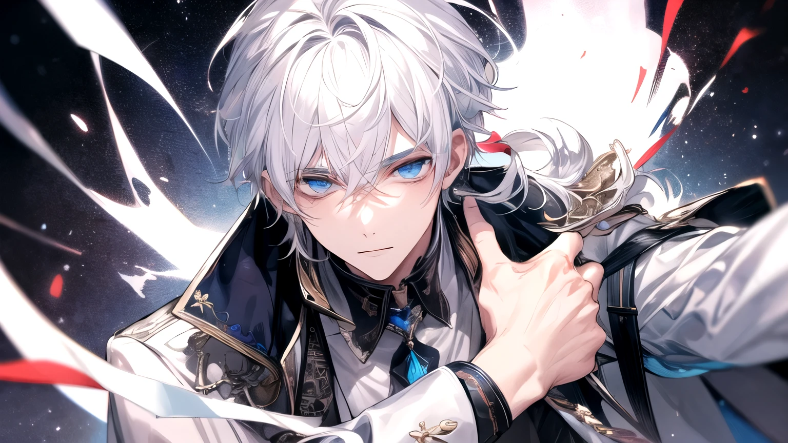 A handsome guy with blue eyes and white hair, modern era