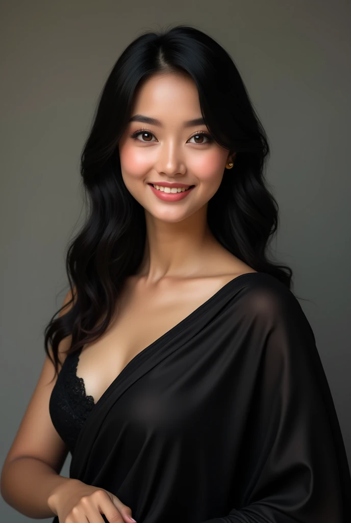 (Pictured from head to toe, Full body photo:2.2),(black saree, medium breasts,cleavage, beautiful Smile,standing:1.5), nsfw, black medium straight hair, one girl, (a beauty girl, delicate girl:1.3), (:1.3), break, stained glass:1.2, break, very fine eyes, (symmetrical eyes:1.3), break, small breasts, brown eyes, parted bangs,best smile, break, (eyes and faces with detailed:1.3), break, (masterpiece, best quality, ultra detailed, detailed face, 8k)