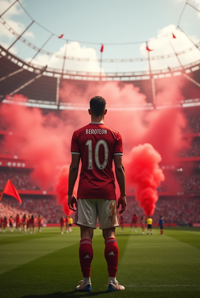 Create a view from inside a football pitch, player, looking at the crowd, realistic cheerleading, Red flags, Red smoke bombs, Big Red Flag