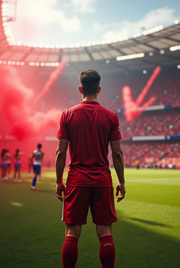 Create a view from inside a football pitch, player, looking at the crowd, realistic cheerleading, Red flags, Red smoke bombs, Big Red Flag