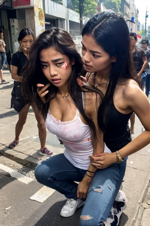 A riot peoples revolution in Indonesian, some young sweet beautiful Indonesian georgeus girls, about twenty two years old, all slim body, glamor and rich girls from rich family, crying out being pulled and forced to draging down brutaly by some adult men to the street court, they are tied each others, all  peoples very hate them, very messy hairs, some makeup still remain on their pretty face, they got many  punishment by the angry peoples, only wearing her damage and dirty  thin see through  expencive underwear after her clothes has torn aparts and destroyed,  some bloody wounds on her skins, scary and panic eyes, sadistcs and horrible situation, very realistics,  very detail and natural, she is crying for mercy, fire and dead bodies  scattered everywhere,  sunny day massacre, 4k,