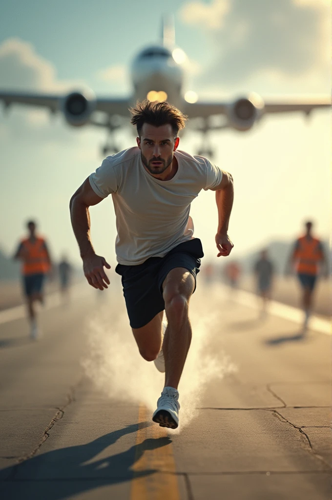 A guy, running, chasing, airport, airplane, flying