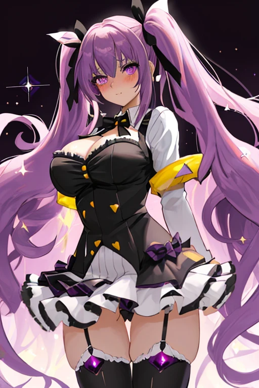 solo, Long Hair, Blushing, Purple eyes, High resolution, Twin tails, Large Breasts, Blushing, ribbon, Sparkle Effect,High angle,Thighs,Yellow Jacket,White Shirt,Black frilly,Cleavage,Big gun,Glowing Aura,