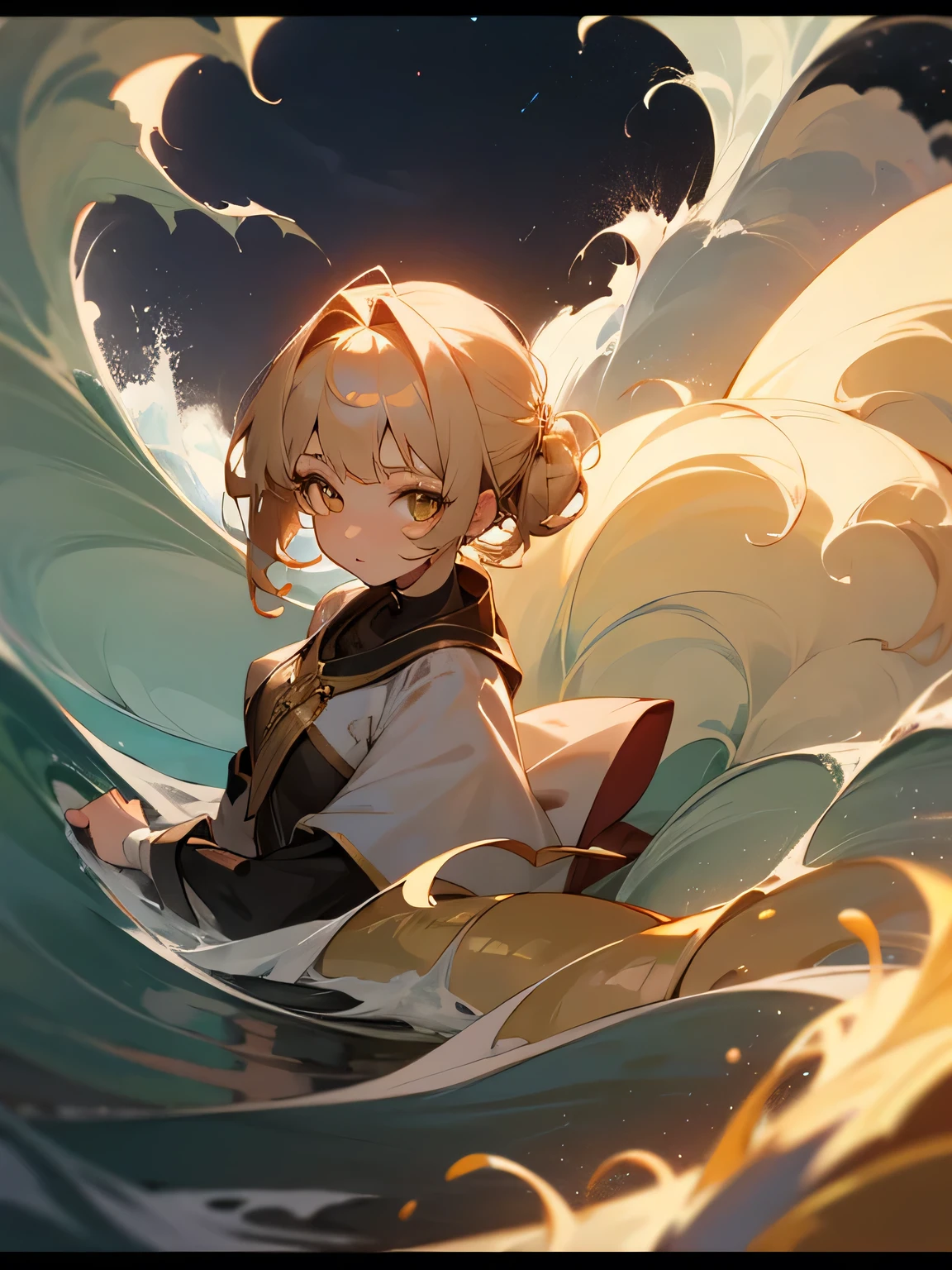 from front:1.3,{Voluminous updo|Natural Waves|ADF|Pixie Cut}, looking at viewer,  (Cinematic:0.7), Written boundary depth, 
masterpiece, Highest quality, exterior, At night, ivory hair, Golden Eyes,