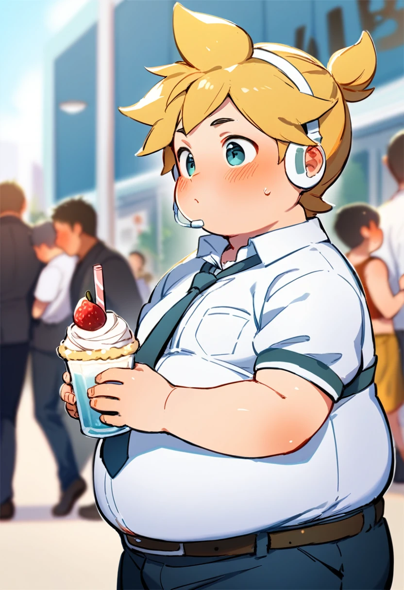 1 boy, (male child), , (Kagamine Len), cute, earphone, over small school uniform, collar tie, shorts, (chubby), (plump),( belly significantly hang over the waistband), belly exposed from the bottom, ((huffing and puffing)), sweating, (full-face blushed), walking on a street, drinking milkshake