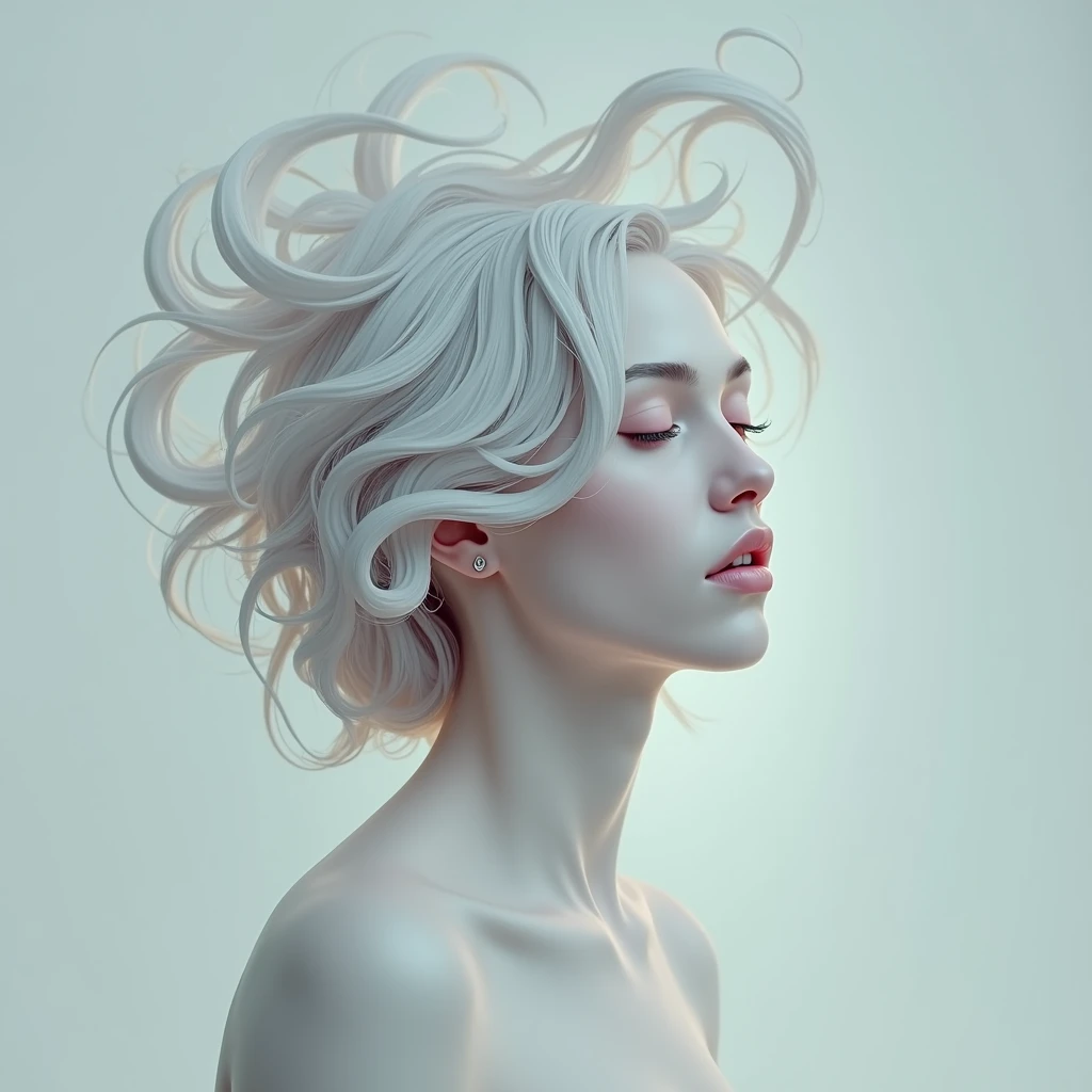 depict a surreal portrait of a woman, her head dramatically titled back against a stark white background, her hair and features should be exaggerated with smooth, flowing lines and her skin should have an ethereal glow, use a palette of pastel shades to create a serene and otherworldly atmosphere, photorealistic, 4K UHD, rich detailing --ar 9:16 --style raw --v 6.1