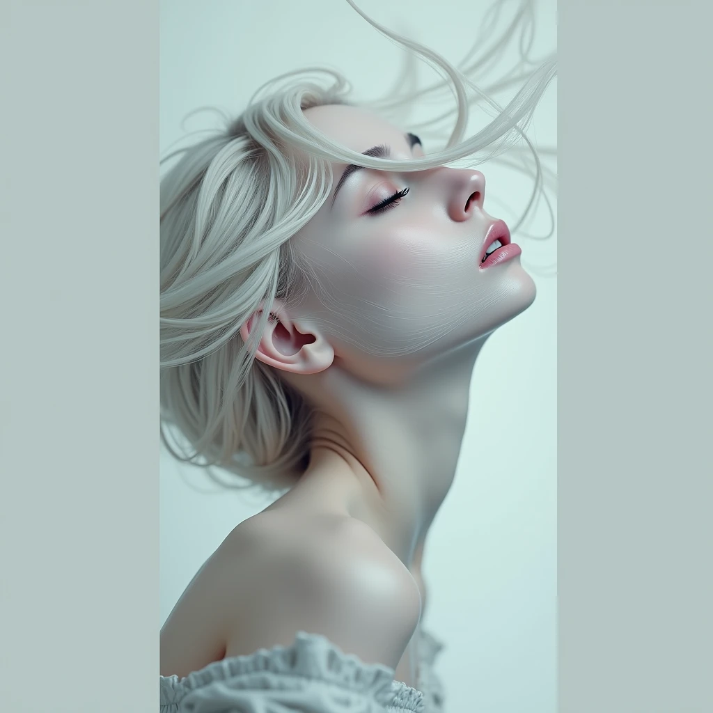 depict a surreal portrait of a woman, her head dramatically titled back against a stark white background, her hair and features should be exaggerated with smooth, flowing lines and her skin should have an ethereal glow, use a palette of pastel shades to create a serene and otherworldly atmosphere, photorealistic, 4K UHD, rich detailing --ar 9:16 --style raw --v 6.1