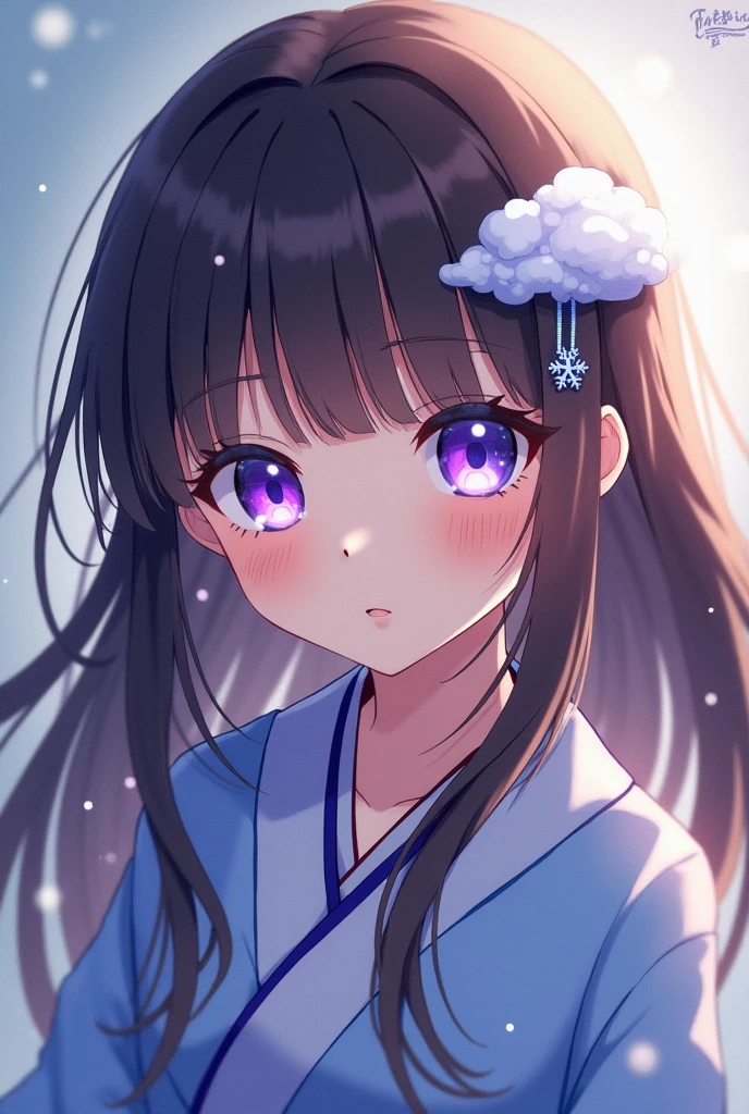 Hair: brown
eyes: purple and blue
hair clip: cloud and snowflake
Costume: kimono
Gender: female
age: 12