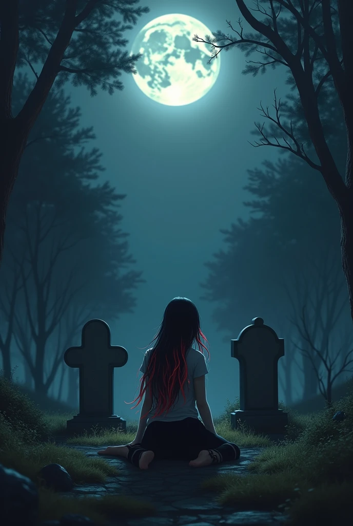 lilia vanrouge,multicolored hair,streaked hair,black hair,red hair, slit eyes,red eyes, long ponytail,kneeling and looking at three tombstones,night,forest,emotional scene,sad expression,tears,best quality,4k,8k,highres,masterpiece:1.2,ultra-detailed,HDR,UHD,studio lighting,ultra-fine painting,sharp focus,physically-based rendering,extreme detail description,professional,vivid colors,bokeh,portraits,landscape,hair flowing in the wind,dark shadows,soft moonlight,subtle glow