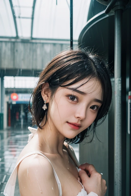 (2 Japanese girl,), (Small breasts:1.5,),(solo,Textured skin, Detailed skin,Detailed face,Detailed eyes,detailed posing,Natural eyebrows,Perfect limbs,High detail, Highest quality, Super detailed, Surrealism, ,8k,RAW Photos,Photographicism,Professional Lighting,Portrait Photography,),((Black Hair, Dark Eyes,Natural Makeup,Simple earrings,Bob Hair,ribbon,happiness/joy)),(((Wet Hair,Sheltering from the rain,Station entrance,Rainy Sky,)))