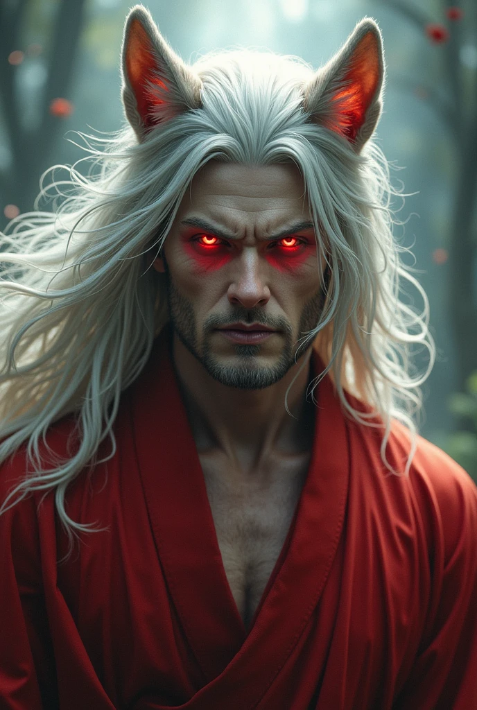Man with white hair, red eyes, dog ears, wearing a kimono