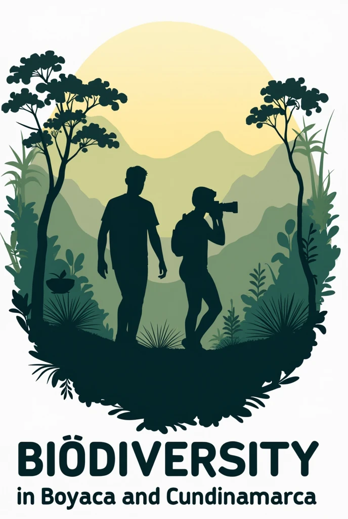 This image is for a logo, it must have the text biodiversity in Boyaca and Cundinamarca and have a dark shadow image showing a person walking and another taking photos and it must be 150 pixels wide and be in png format.