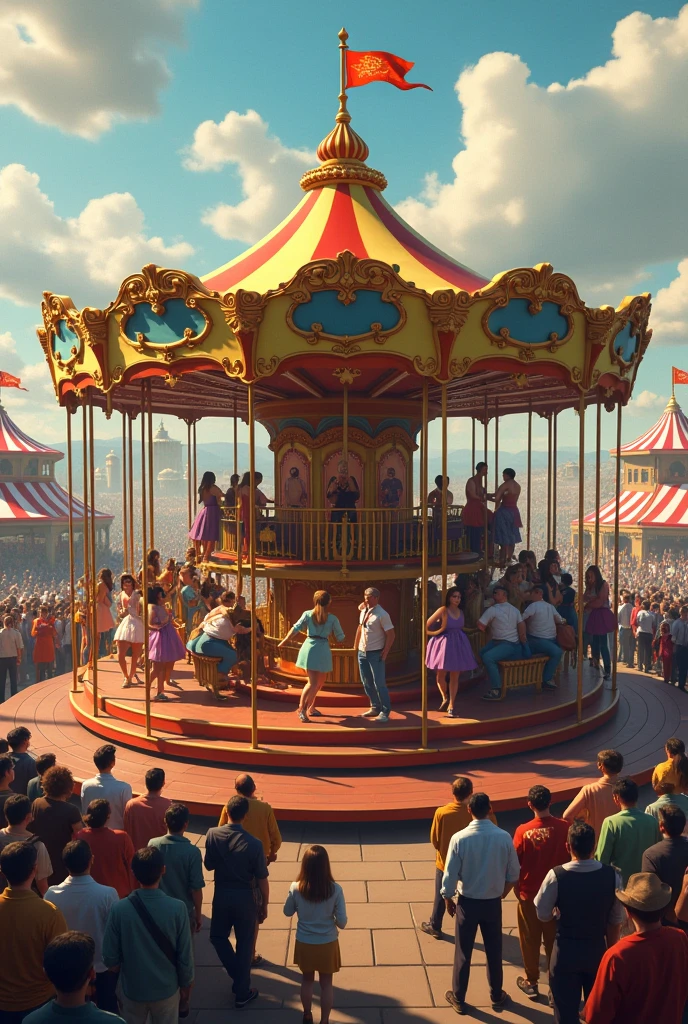 A carousel with 20 men 20 women in a straight line, of 80 women to enter the carousel, some going out, others going in, in a perpetual circle and 80 men watching from outside