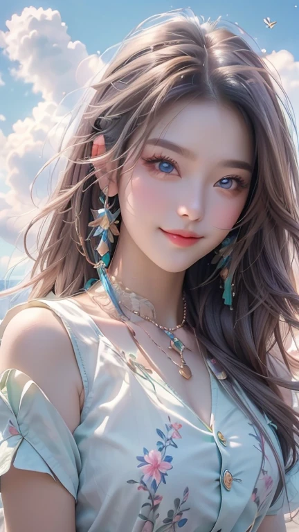 MKSKS, masterpiece, Highest quality, figure, close, Frank, Face focus, smile, colorful, Flowers, green sky, Cloud sky, Girl with beautiful eyes,