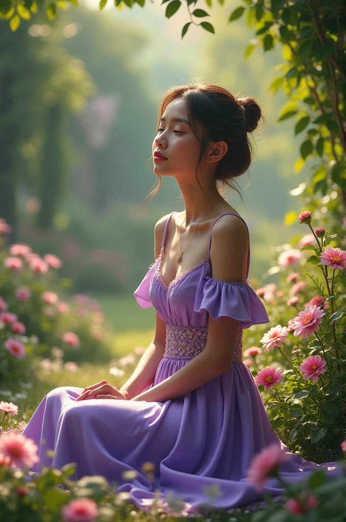 Beautiful girl sitting in a garden.She wore a purple gown.