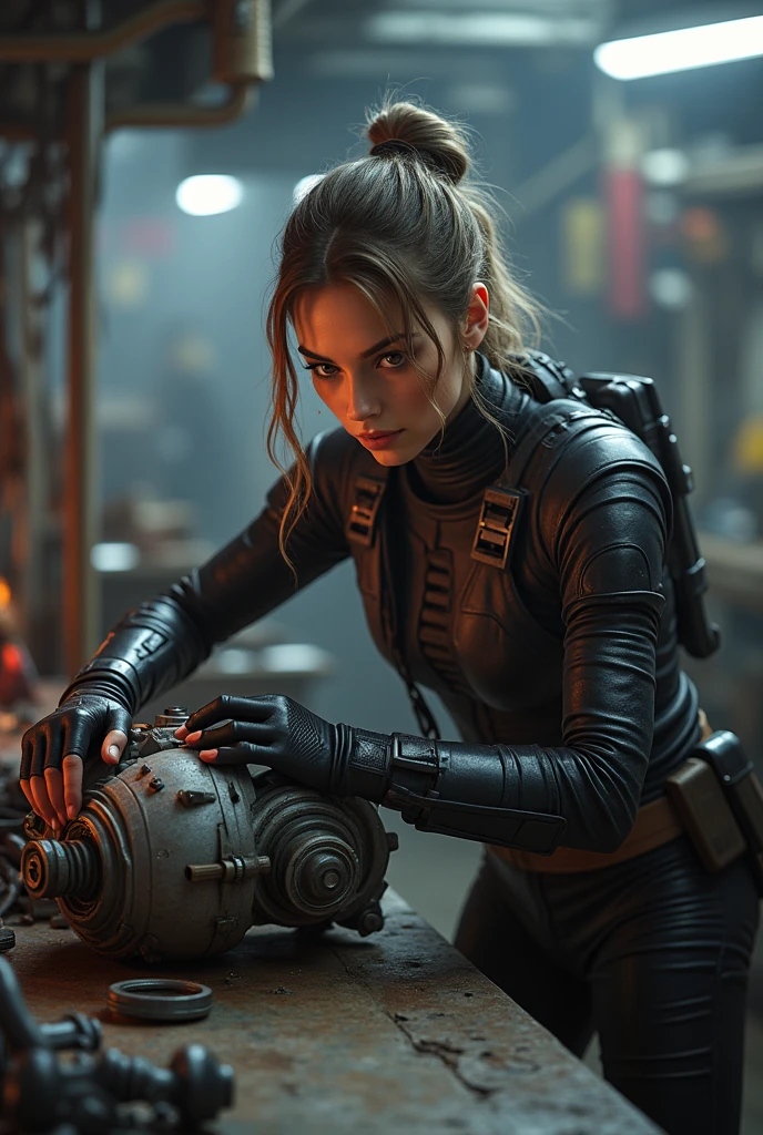 1 girl skywalker, wearing jedi clone armor, 20 year old, big breasts, bust, solo, working on engine, cyber realistic