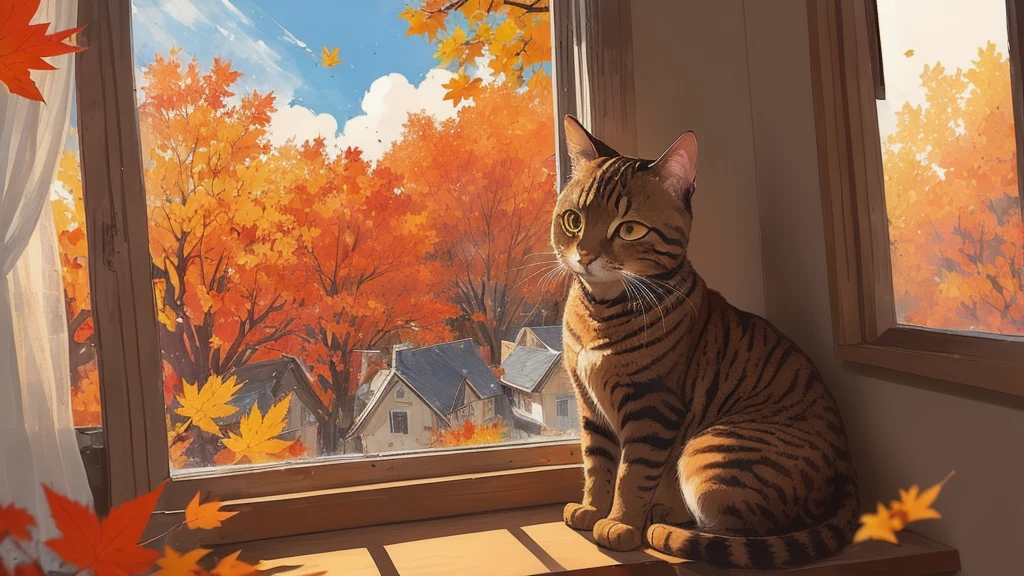 A brown tabby cat sitting on a window sill looking outside２There are some, 🍁 cute, in autumn, Lo-fi portrait by the window, Lofi Art, 🍂 cute, Sylvain Sarail, by Kun Can, Jan J, cute detailed artwork, By Atey Gairan, Kuvisiato, Atei Gailan Style