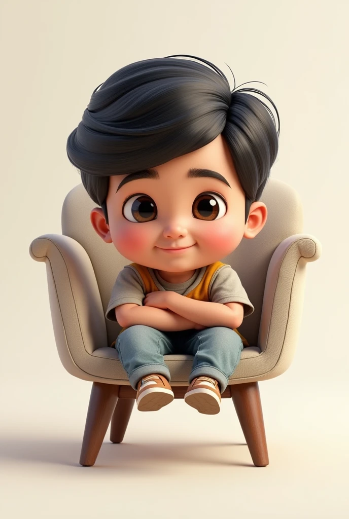 Make a logo of this boy's face hd sitting on a chair with this name written below (Sanwal Tanwari).