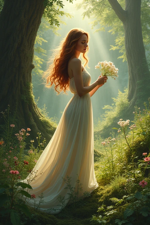 A woman (amber listened), full body. Picking flowers in a forest