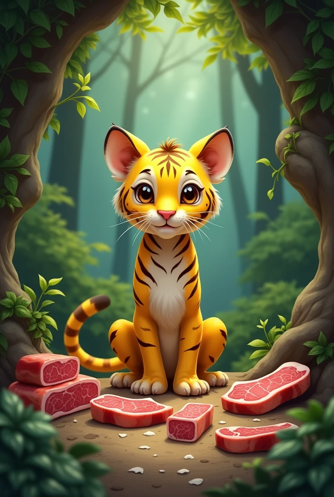 A thin yellow tiger,Cute and realistic,Tigers are malnourished,Store lots of steaks in the cave,Cute and realistic風格,Background forest,Cute and realistic