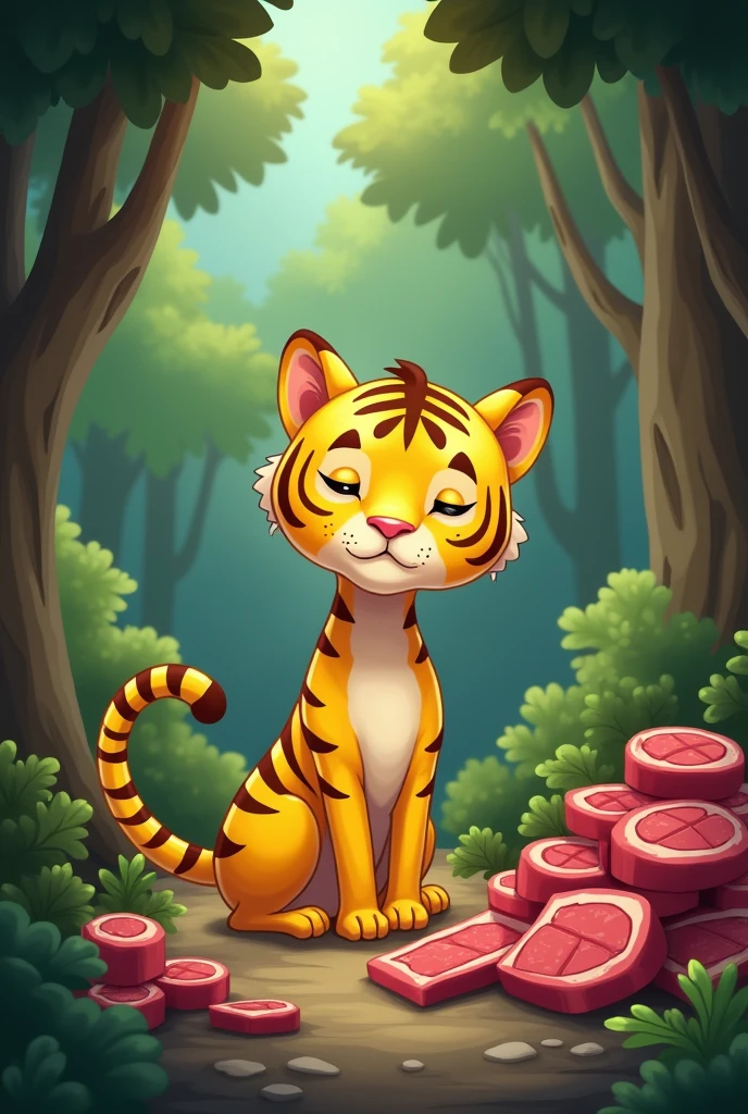 A thin yellow tiger,Cute and realistic,Tigers are malnourished,Store lots of steaks in the cave,Cute and realistic風格,Background forest,Cute and realistic