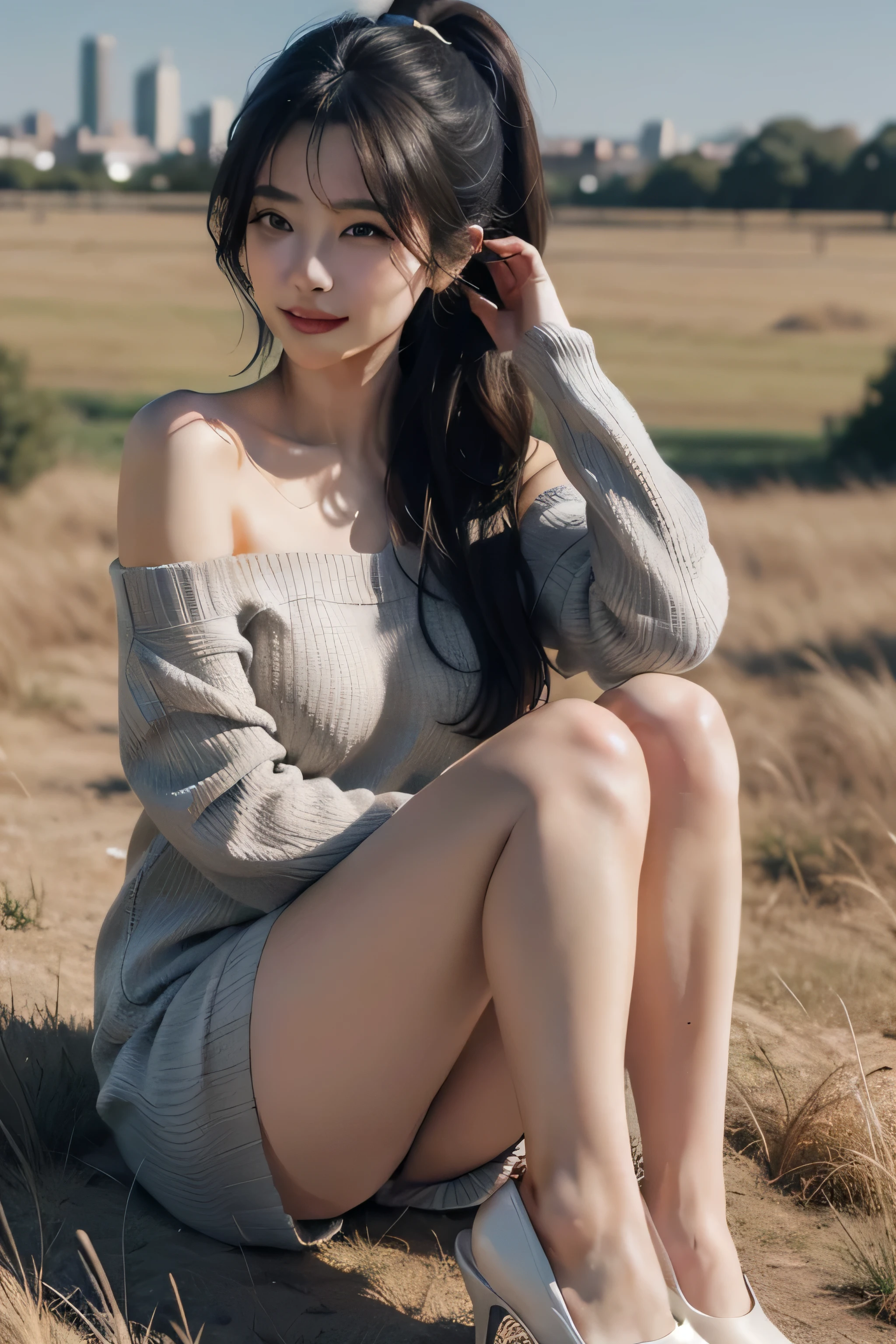 A digital illustration in anime style featuring a full-body portrait of a girl standing in a grass field. She has long black hair styled in a ponytail and blue eyes. She is wearing an off-shoulder white sweater, a black glossy satin pencil skirt, and black high heels. The illustration should be ultra-realistic and high resolution (8K), with a clear and sharp depiction of the entire character from head to toe. The girl is smiling, with beautifully structured features and elegantly posed legs highlighted by the high heels. The content should be highly detailed, with an exquisite and sublimely beautiful presentation. The background should include a cityscape, enhancing the overall masterpiece quality of the illustration.