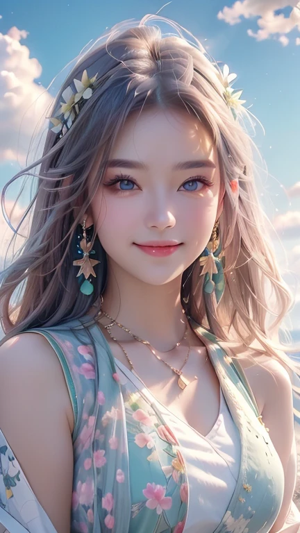 MKSKS, masterpiece, Highest quality, figure, close, Frank, Face focus, smile, colorful, Flowers, green sky, Cloud sky, Girl with beautiful eyes,