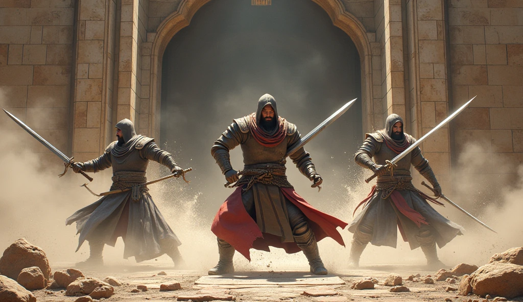 three warriors,breaking the wall using swords,large scale