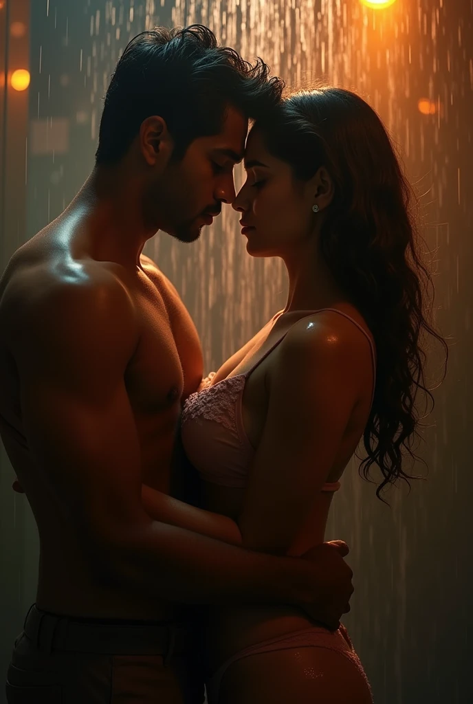 Hot Indian girl and boy, boy grabs boob from behind, bathing in shower, short dress, round boobs, cleavage, in shower, street light leak in bathroom, cinematic, girl facing camera