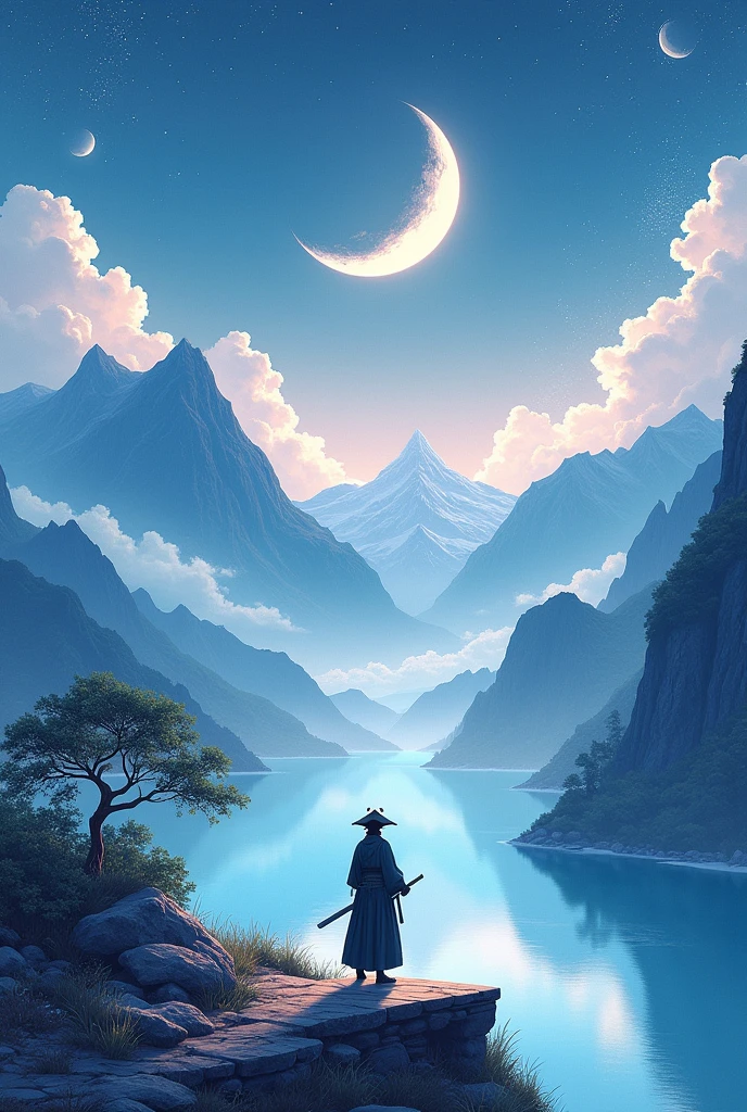 {{{Crescent Moon,Tabletop}}}, {{Highest quality, Ultra-fine illustrations, Beautiful and delicate water}}, {{Very delicate light}}, {{nature, Painting}}, {{Excellent lighting, A more transparent star, Quality Mountains々々々々々々々, Very beautiful 8K PCG wallpaper}}, (plateau), sunrise, Randomly distributed clouds, cliff, ((Rotating starry sky)), ((Lake of the mountain stream)), Glowing particles,samurai,Hold the sword,Japanese sword
