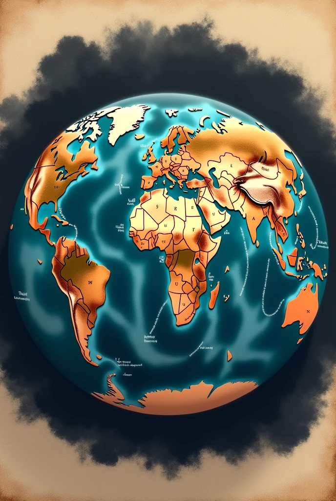 Generates hyper realistic image of a detailed world map with a thick black circular line in the background with a faded ink effect