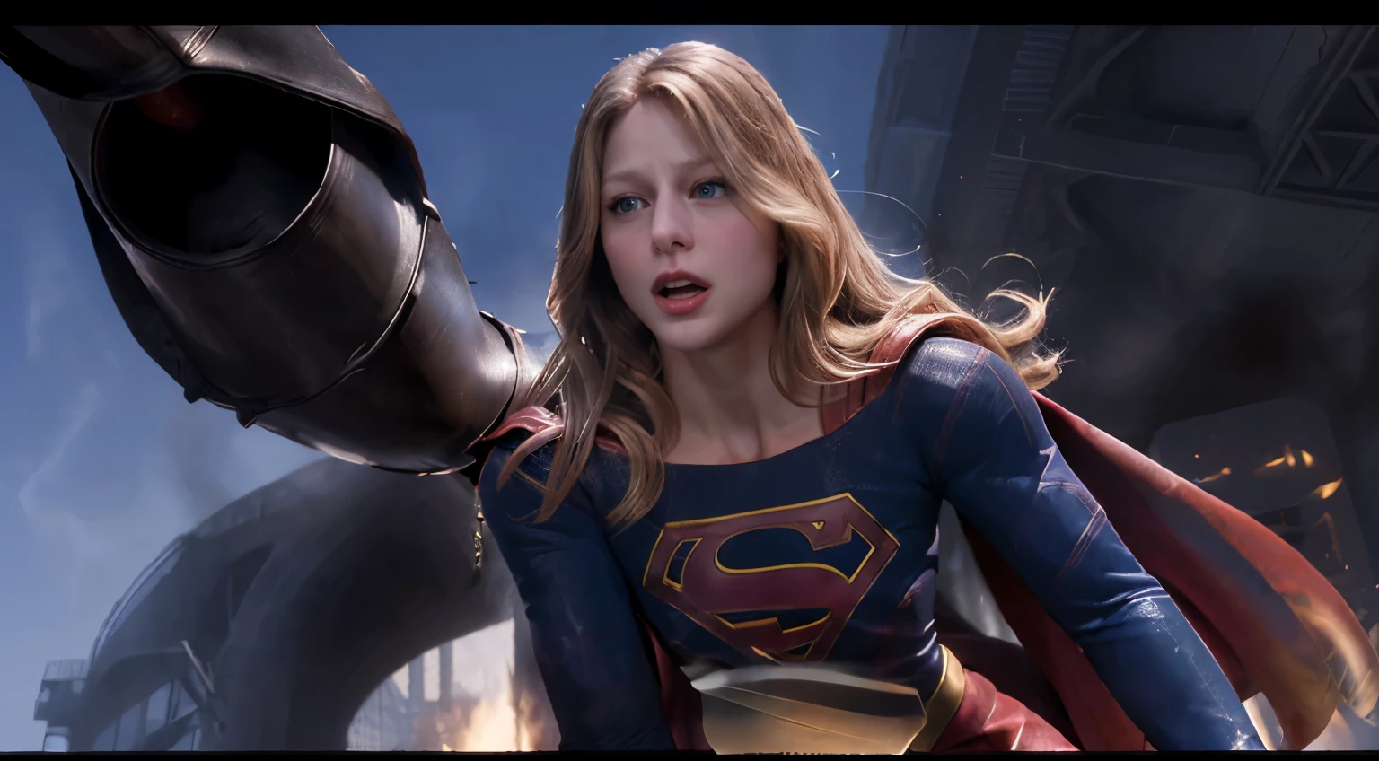 blond woman in supergirl outfit licking a huge black cock, Melissa Benoist as supergirl, beautiful face, hyper detailed face, painful face, hyper realistic, photorealistic, highly detailed,