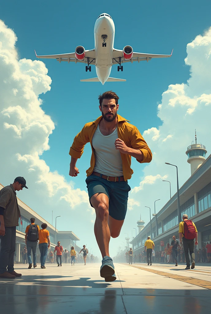 A guy, running, chasing, airplane airport, 
airplane, flying, sky