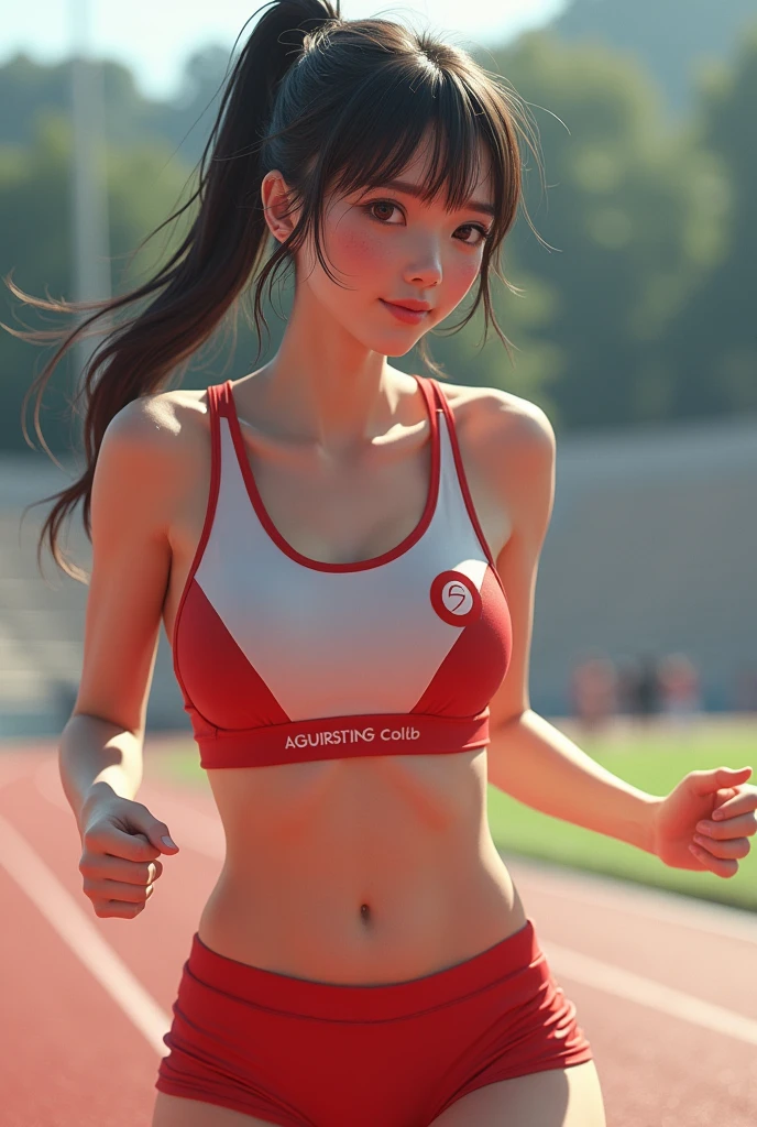 Track and field club、Female university student、1、Japanese、Cute face like an idol、Track and field clubユニフォーム、Sweating、Uniforms that expose a lot of skin、sexy、ponytail、sunlight、bright、(best quality,4K,8k,highres,masterpiece:1.2),ultra-detailed,(realistic,photorealistic,photo-realistic:1.37),HDR,uhd,studio lighting,ultra-fine painting,sharp focus,physically-based rendering,extreme detail description,professional,vivid colors,bokeh,cinematic lighting,dramatic shadow、High resolution, High-resolution model, Retina, Textured skin, Ultra high definition,