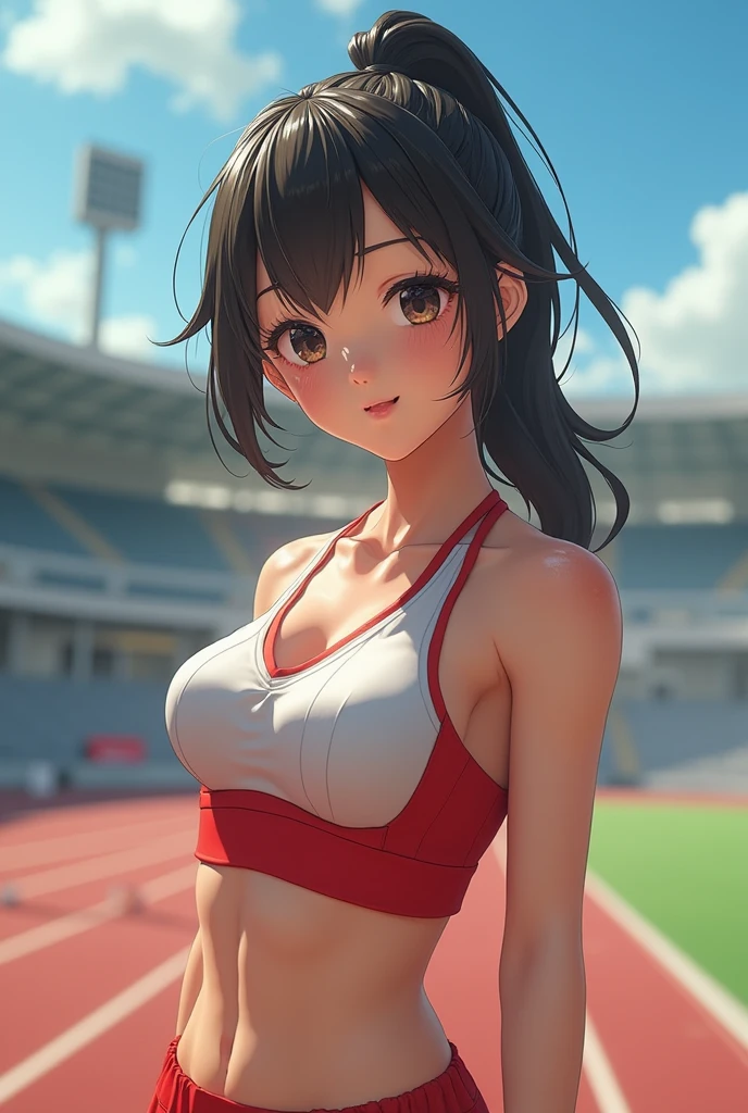 Track and field club、Female university student、1、Japanese、Cute face like an idol、Track and field clubユニフォーム、Sweating、Uniforms that expose a lot of skin、sexy、ponytail、sunlight、bright、(best quality,4K,8k,highres,masterpiece:1.2),ultra-detailed,(realistic,photorealistic,photo-realistic:1.37),HDR,uhd,studio lighting,ultra-fine painting,sharp focus,physically-based rendering,extreme detail description,professional,vivid colors,bokeh,cinematic lighting,dramatic shadow、High resolution, High-resolution model, Retina, Textured skin, Ultra high definition, 