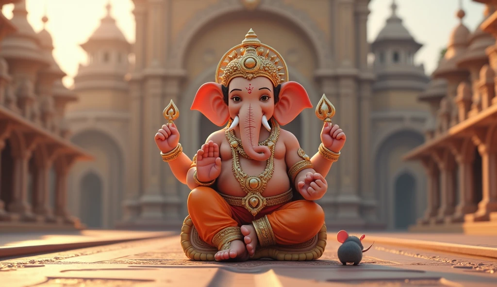 Create 3d photo  Ganesh Ji on his mouse vehicle, approaching a grand, opulent palace with intricate designs