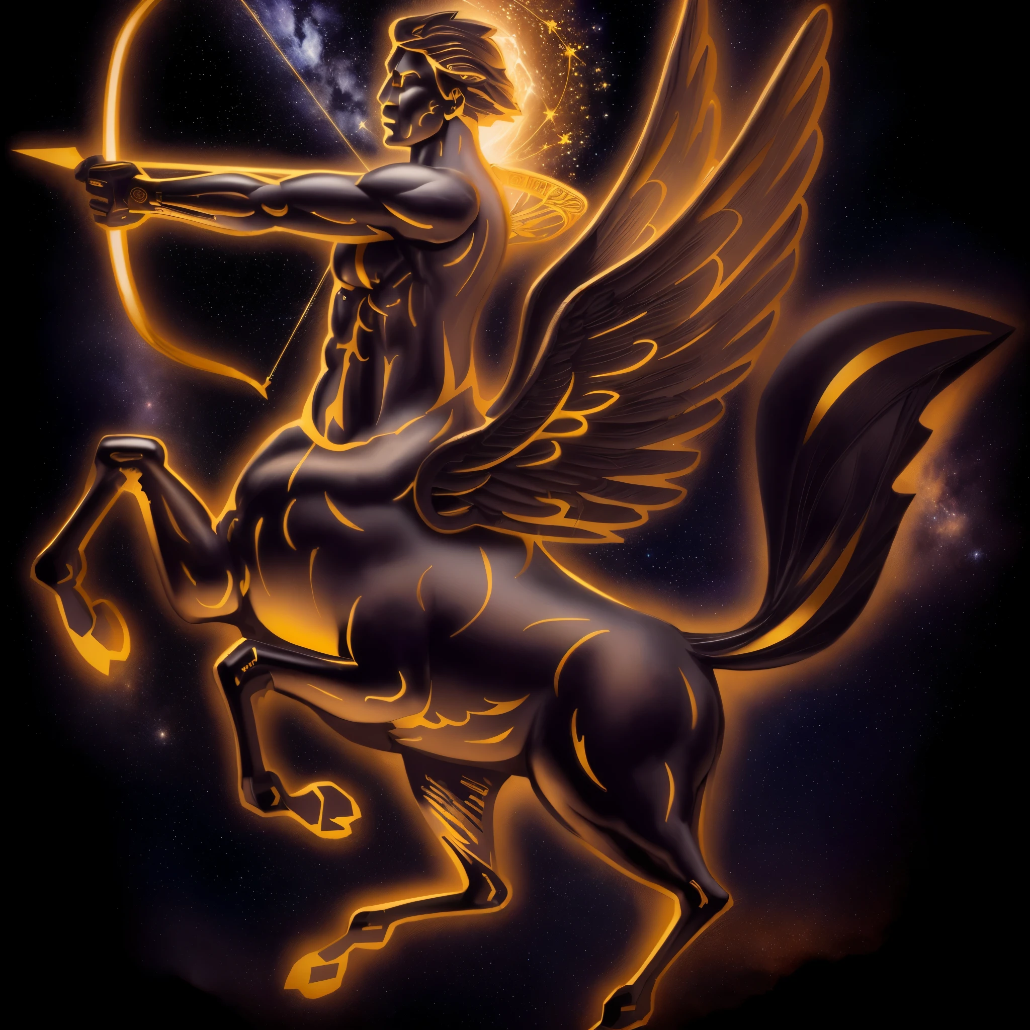 The background is the night sky , Winged Horse with a Bow, The golden centaur from Greek mythology, , Sleipnir, with hooves and wings, Hermes the God, with large wings, constellation