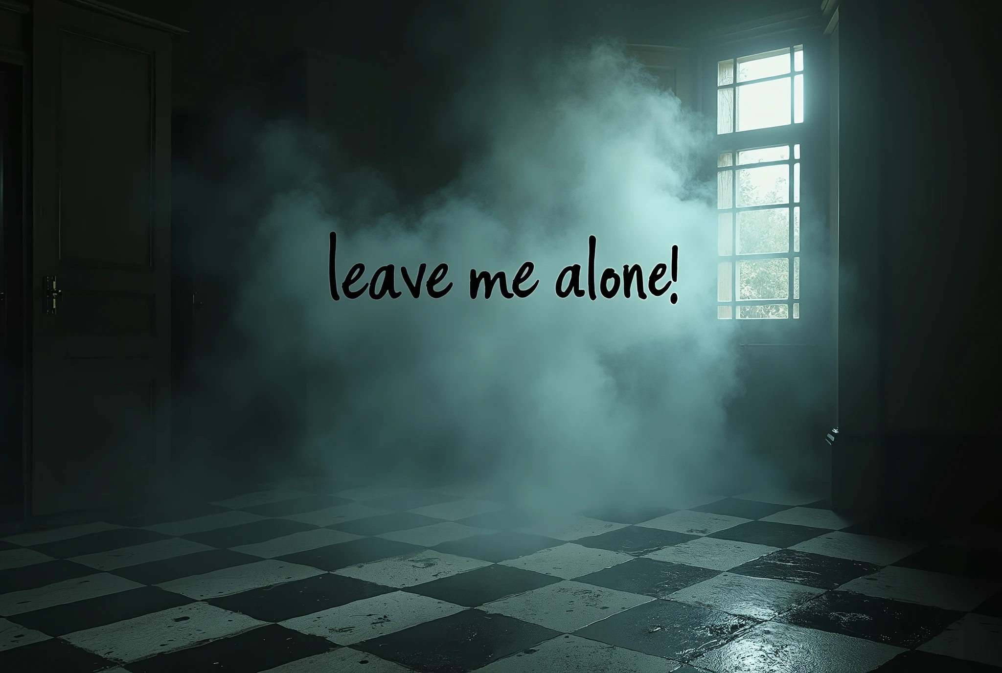 Shadowing letters resting on checkered floor. [(Suspended in the air between scene and the viewer, a translucent, almost ghostly black message reads exactly: "Leave me alone!". The text appears as if it's floating, blurred at the edges, with the letters formed from a faint mist or white smoke that lingers in the space. The smoky words are readable, though not overly bright, hovering just in front of his gaze, creating a surreal yet powerful effect. Text exactly says: "Leave me alone!". They seem to be written in chalk. The text says: "Leave me alone!". semi-transparent text that reads 'Leave me alone!' in a dramatic, bold font. The text almost acts as a title, floating in the air, partially obscuring the scene but enhancing the overall tension and urgency of the moment)]