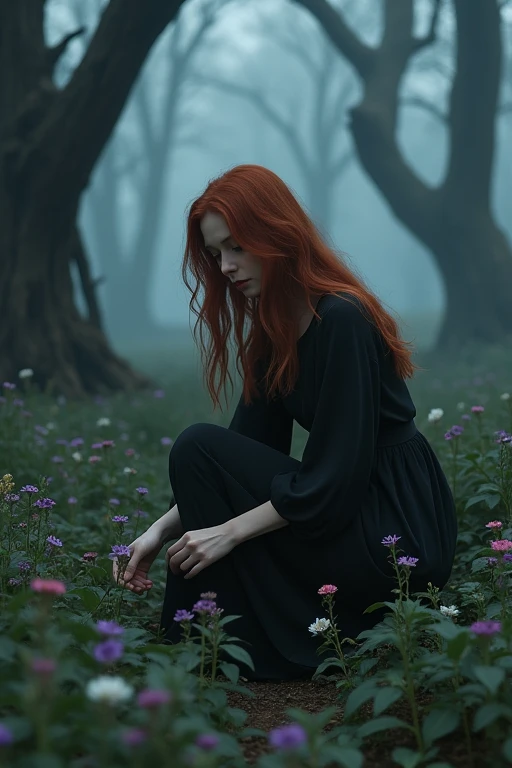 medium shot of a woman (amber listened), full body. Picking flowers in a gothic forest