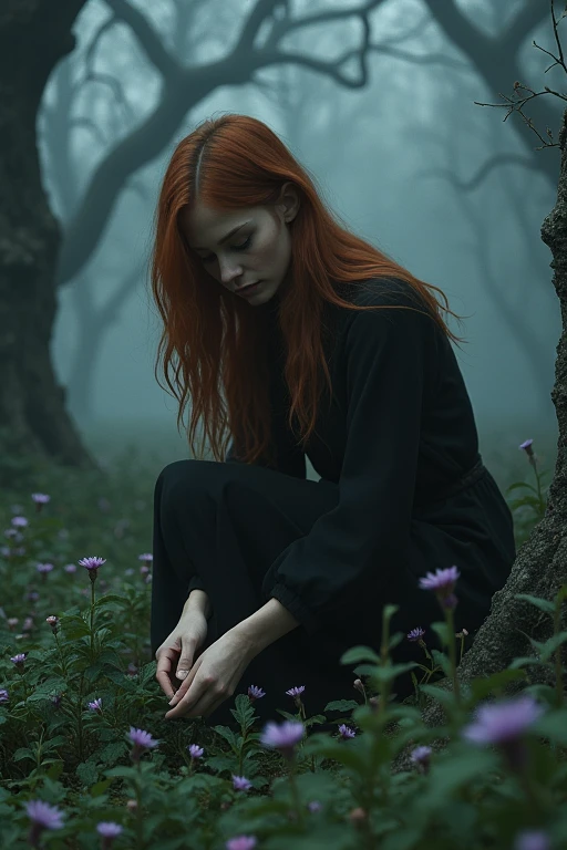 medium shot of a woman (amber listened), full body. Picking flowers in a gothic forest